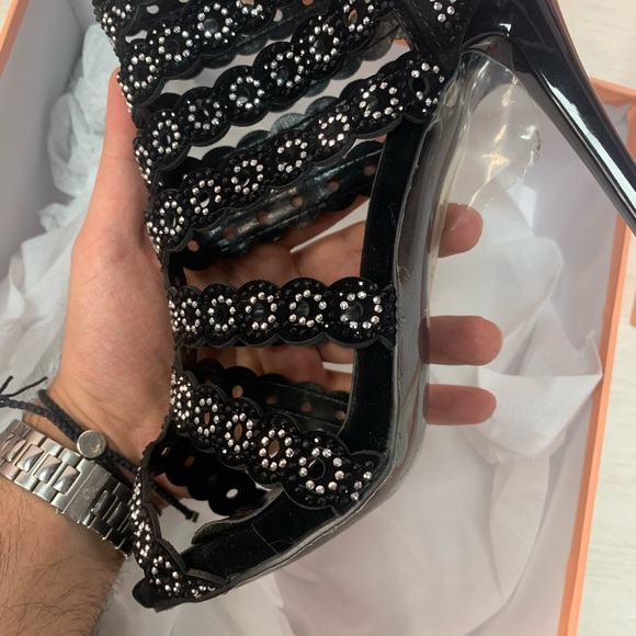 Open Toe Silver Crystal Stiletto Heel Bootie - Black Velvet - Picture 3 of 10